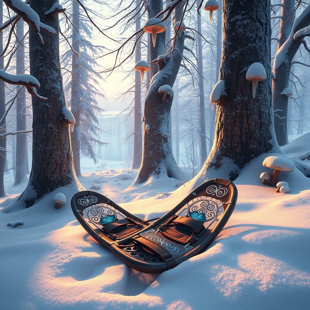 Fantastical Snowshoes in Iridescent Forest Scene