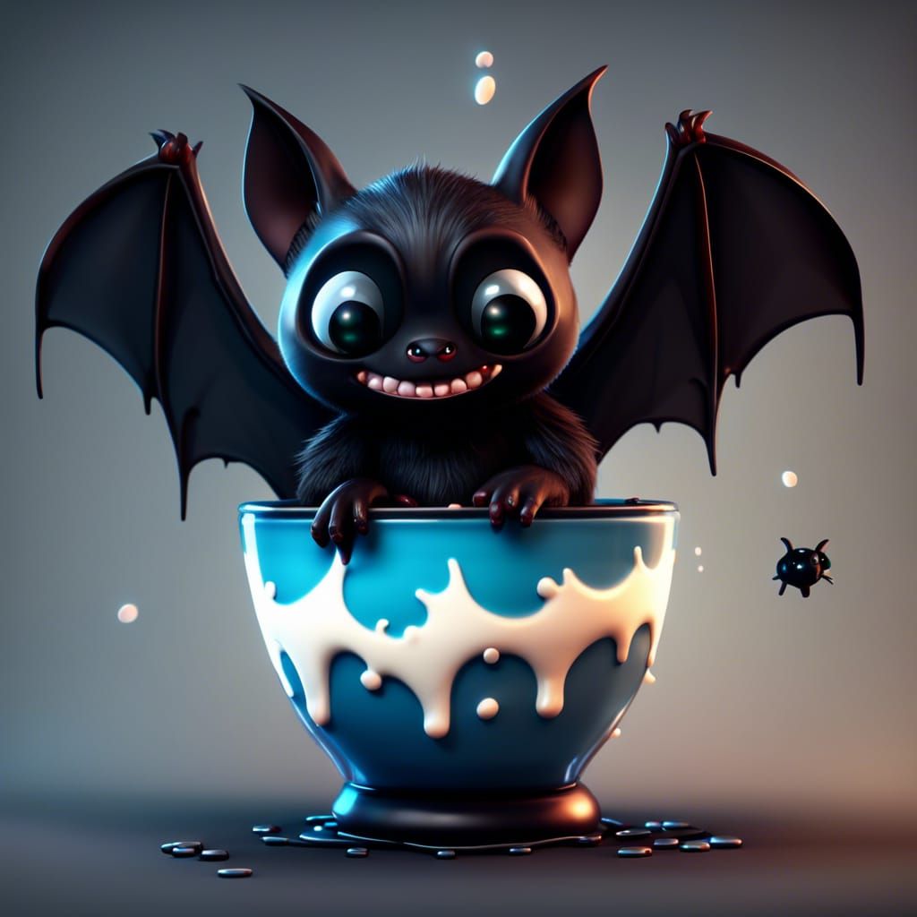 Cute Black Bat Drinks Milk, Realistic Style