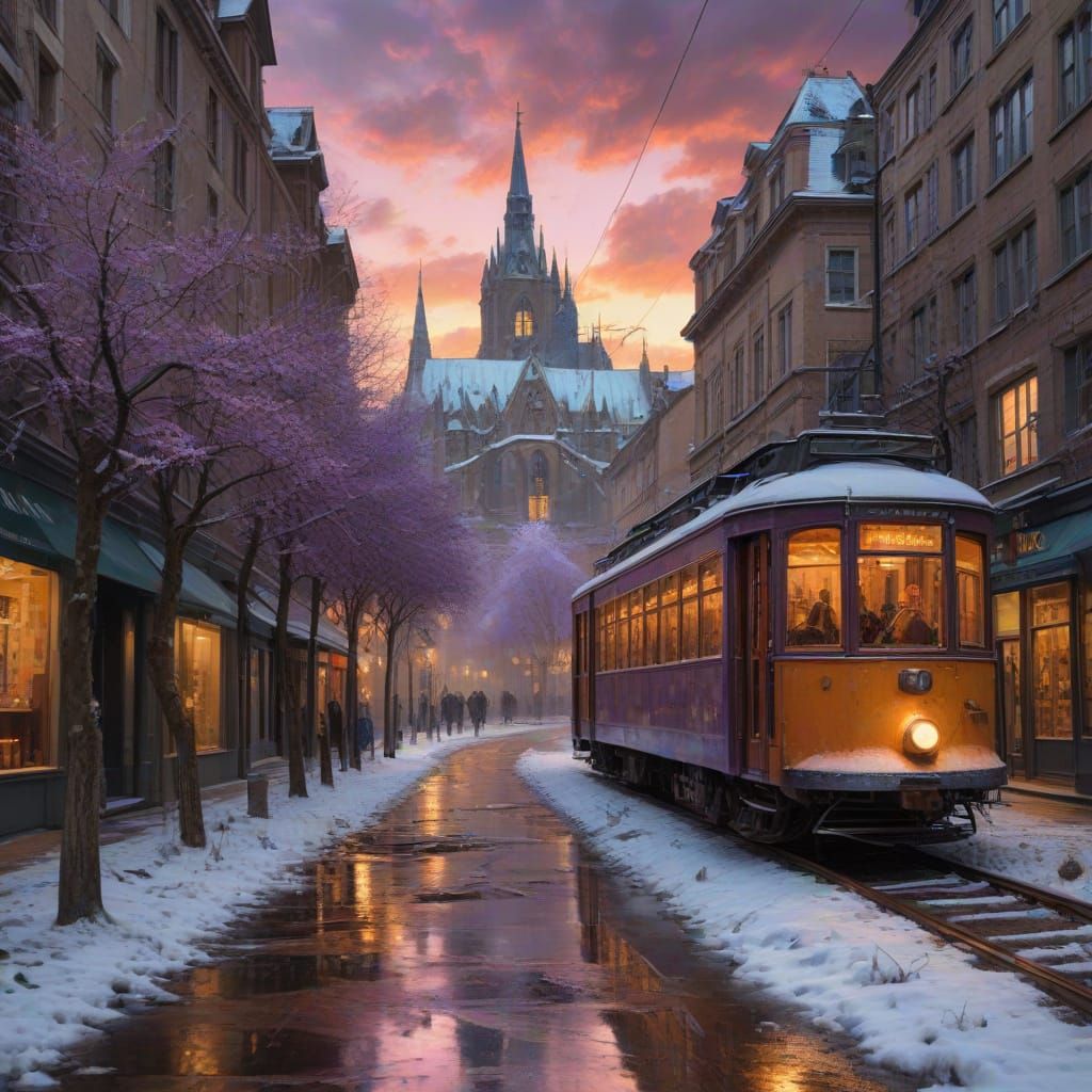Wintery German City Scene with Gothic Cathedral