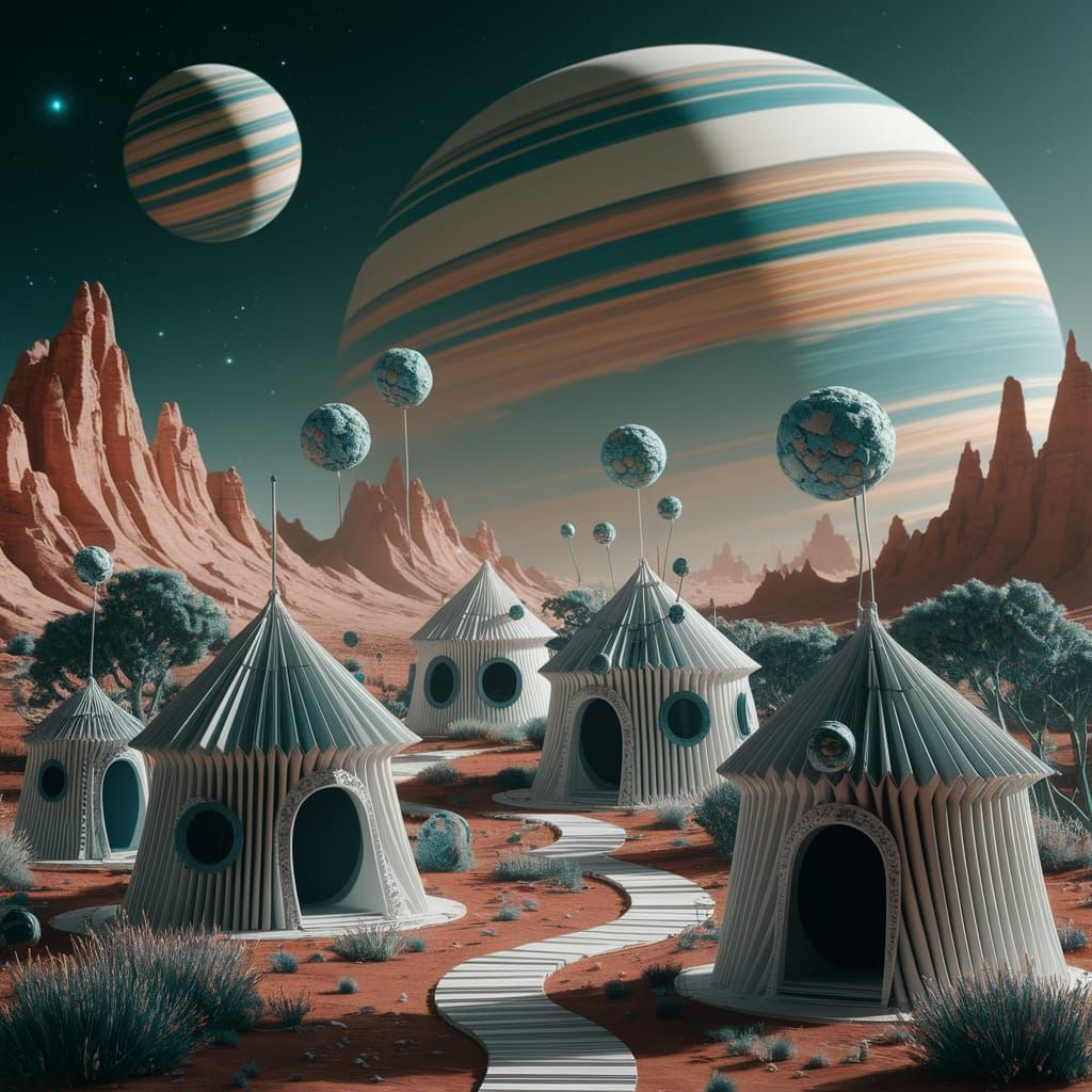 Alien Village from Folded Magazine Paper with Planetary Back...