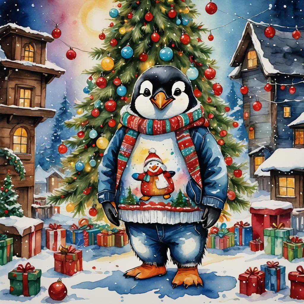 Humorous Christmas Penguin in Alcohol Ink Style