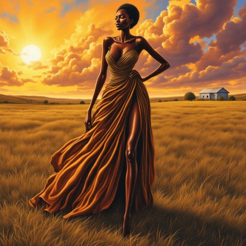 African Woman Portrait in Romantic Landscape Style
