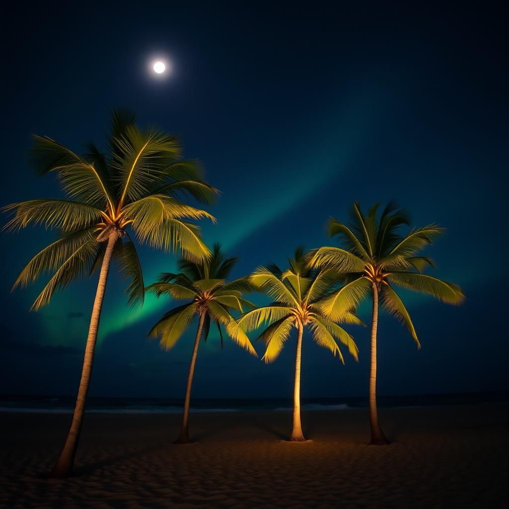 Moonlit Aurora Over Palm Trees on Beach