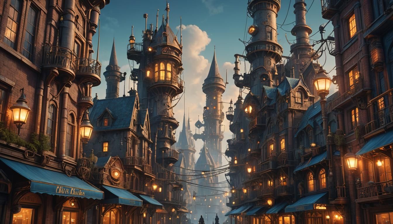 Steampunk City Street View at Dusk