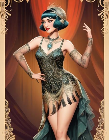 1920s Burlesque Star in Flapper Gown, Detailed Illustration