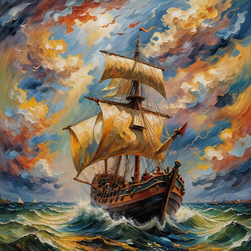 Viking Ship in Storm: Neo-Impressionist Oil Painting