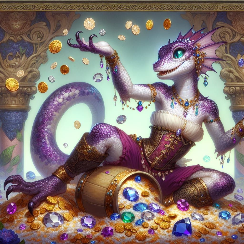 Lizard Woman in Treasure, Fantasy Art