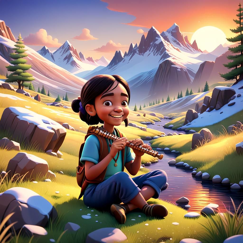 A chibia  adorable happy-go-lucky girl playing a  flute sitting in a meadow next to a rocky creek  with snow capped moun...