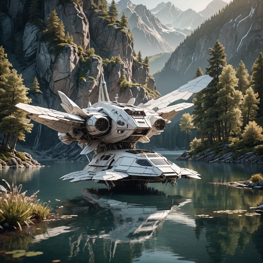 Spaceship Landing by Mountain Lake in Hyper-Realistic 3D
