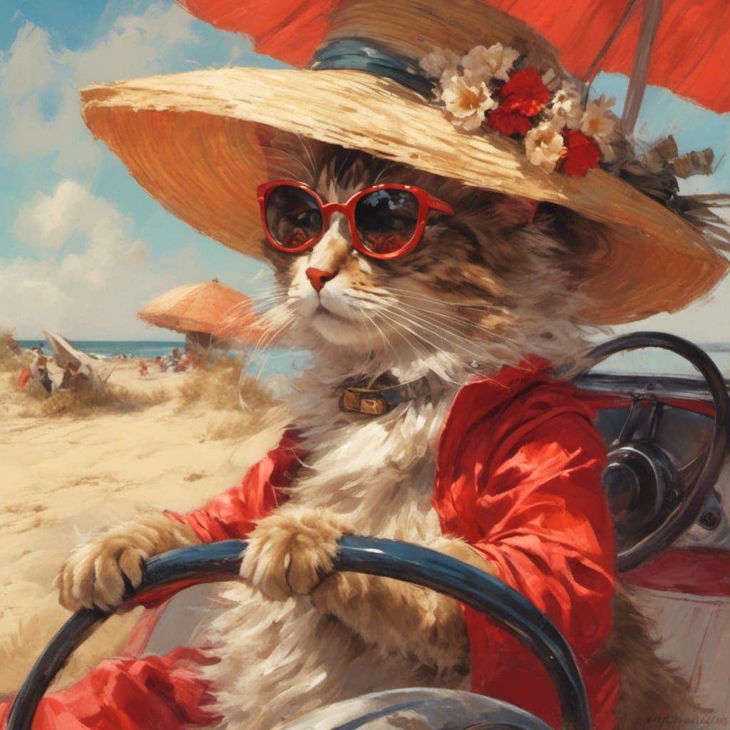 Cat in Red Swimsuit Driving a Dune Buggy