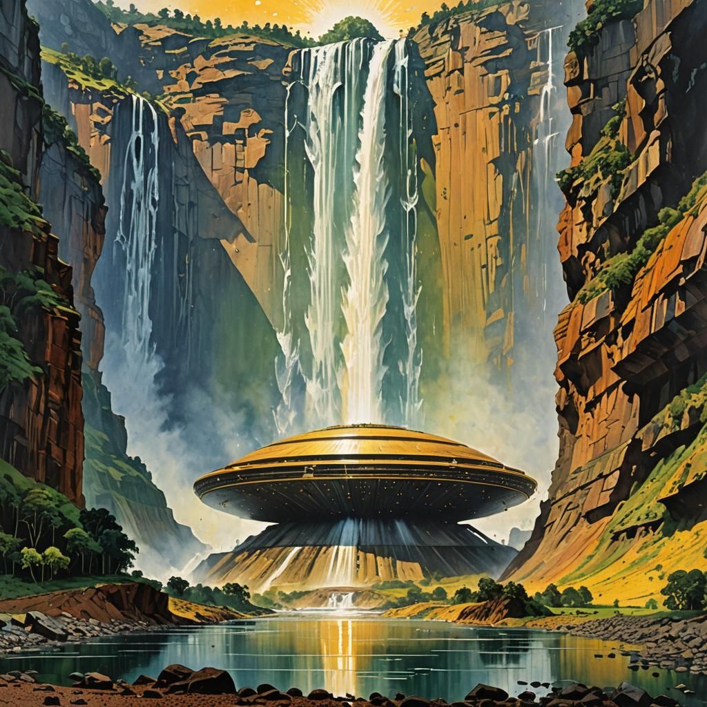 Futuristic Mothership Over Nuclear Waterfall, Pointillism St...