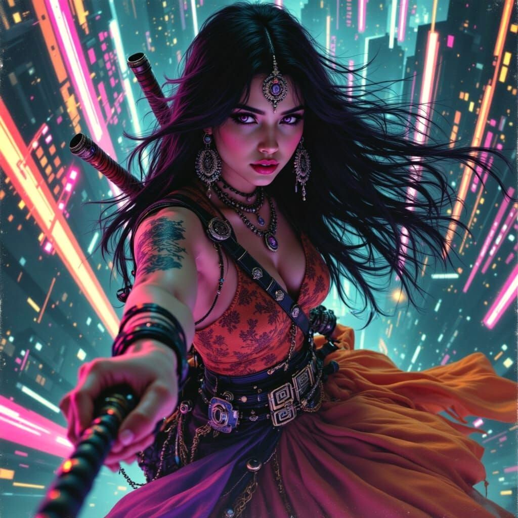 Elegant Hippie Ninja Pirate Woman in Retro-Futuristic City