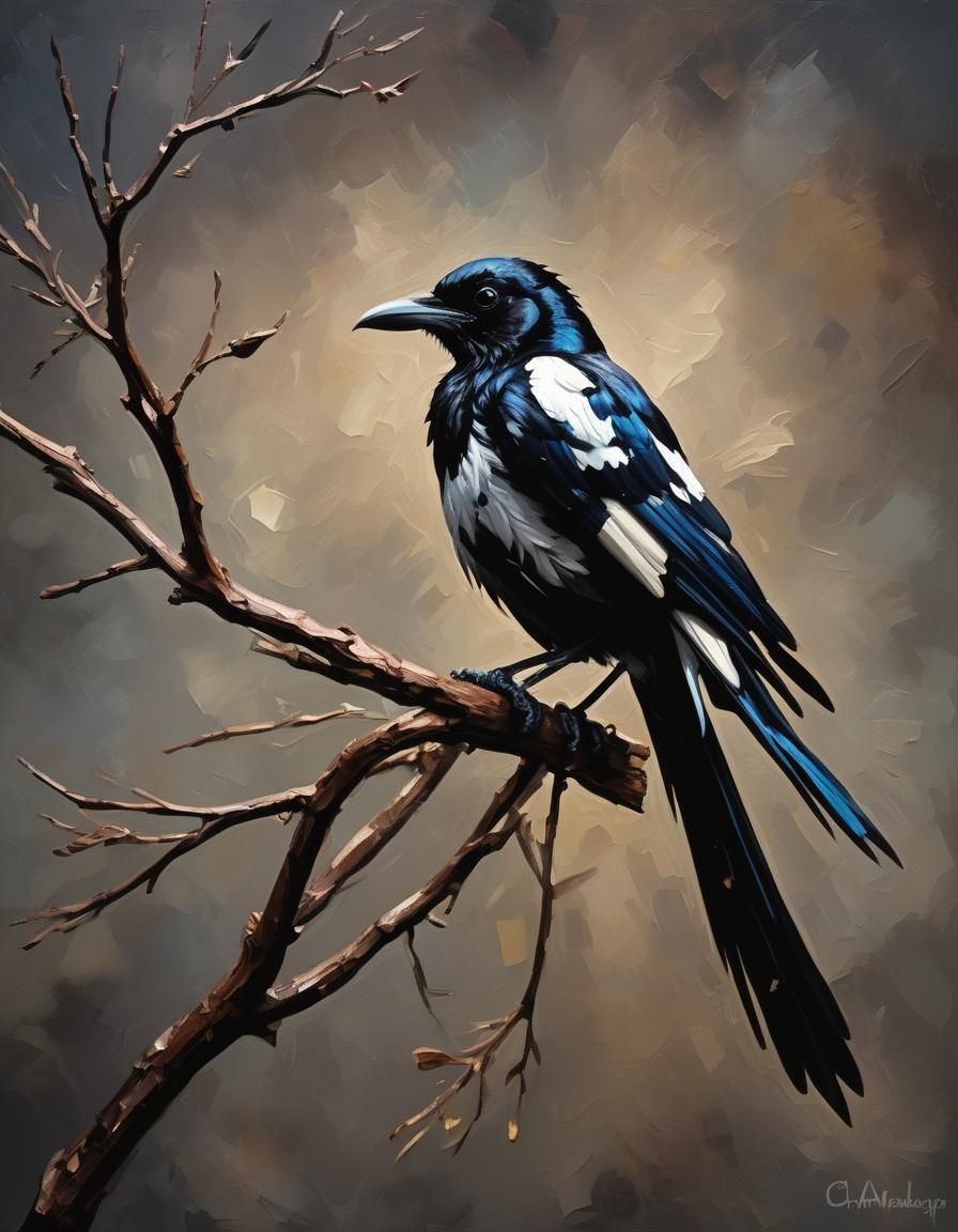 Magpie in Impasto Style with Dramatic Lighting