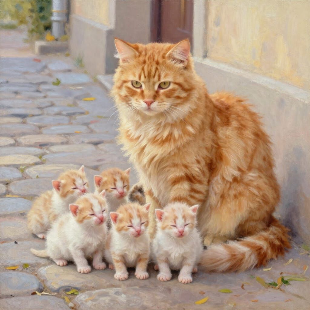 Mother Cat With Newborn Kittens on Cobblestone Street