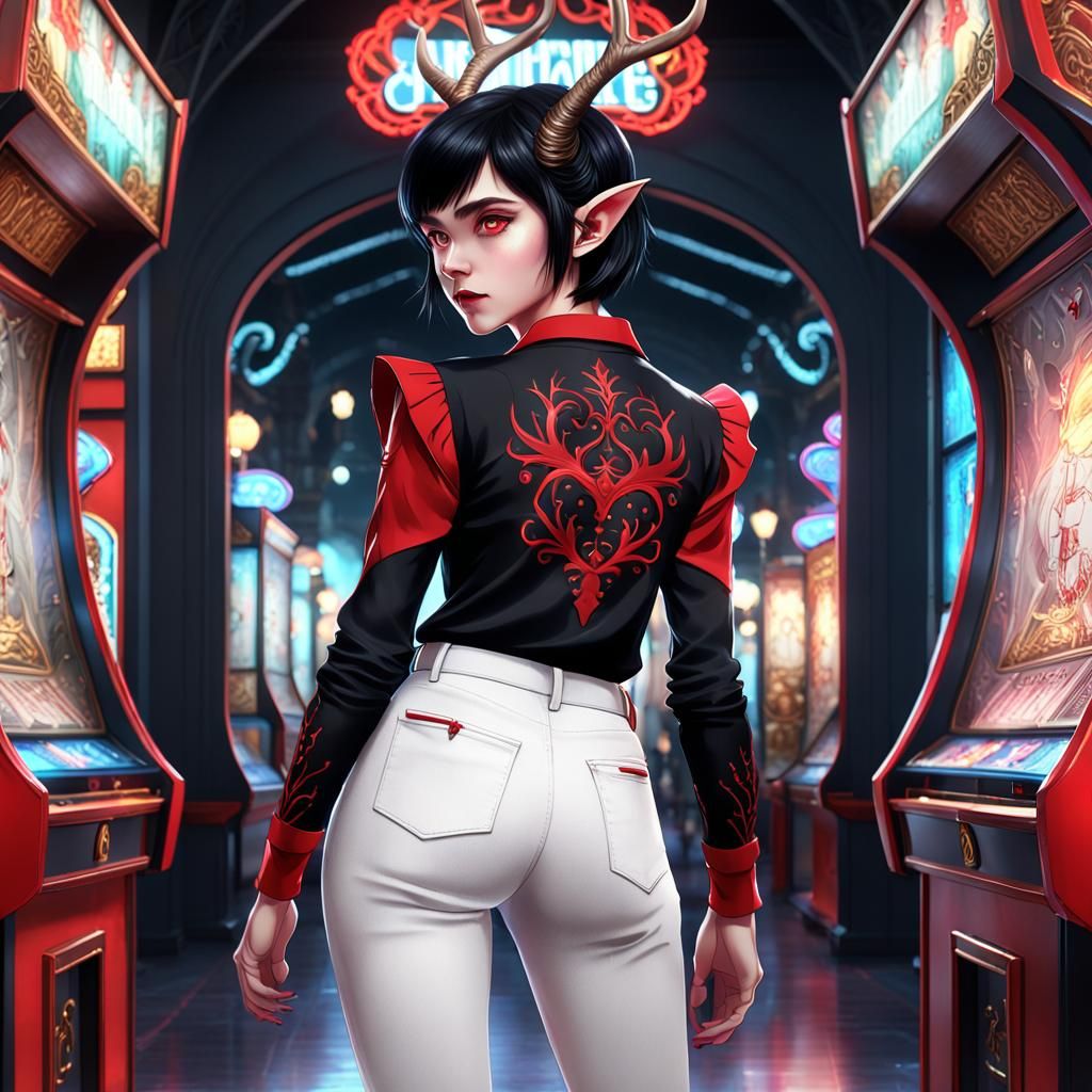 Elf in Arcade, Detailed Fantasy Art, 8K