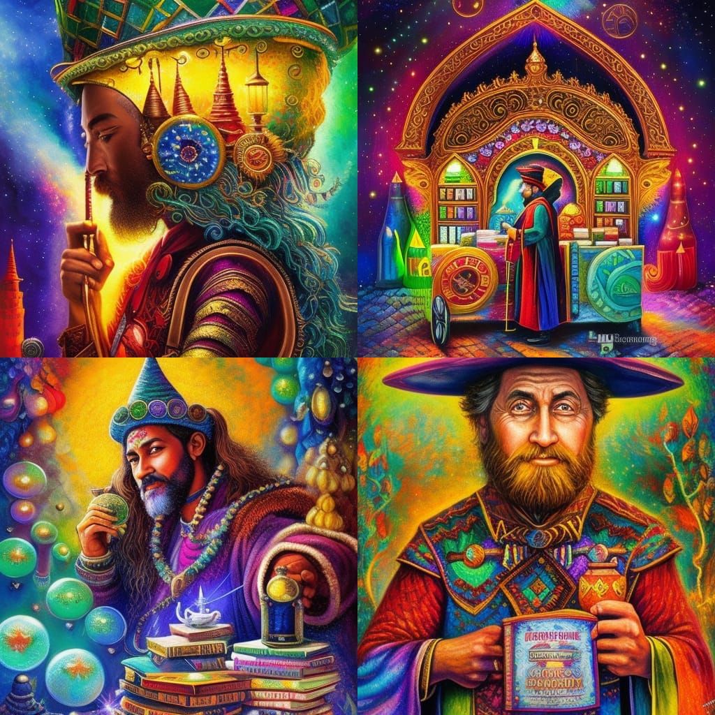 Wizard Selling Potions in Dungeounpunk Style