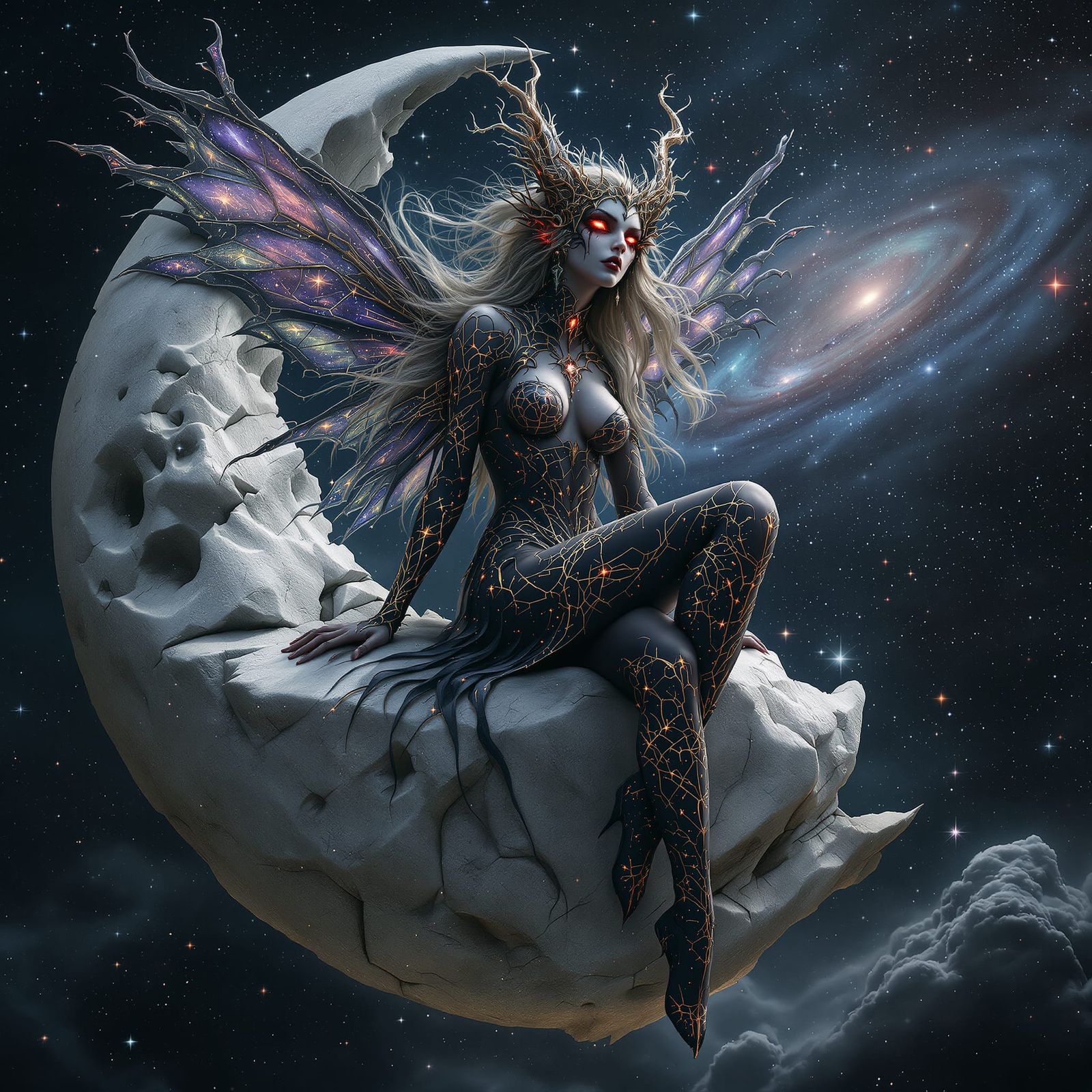 Malicious Fairy Goddess on Shattered Moon in Cosmic Void