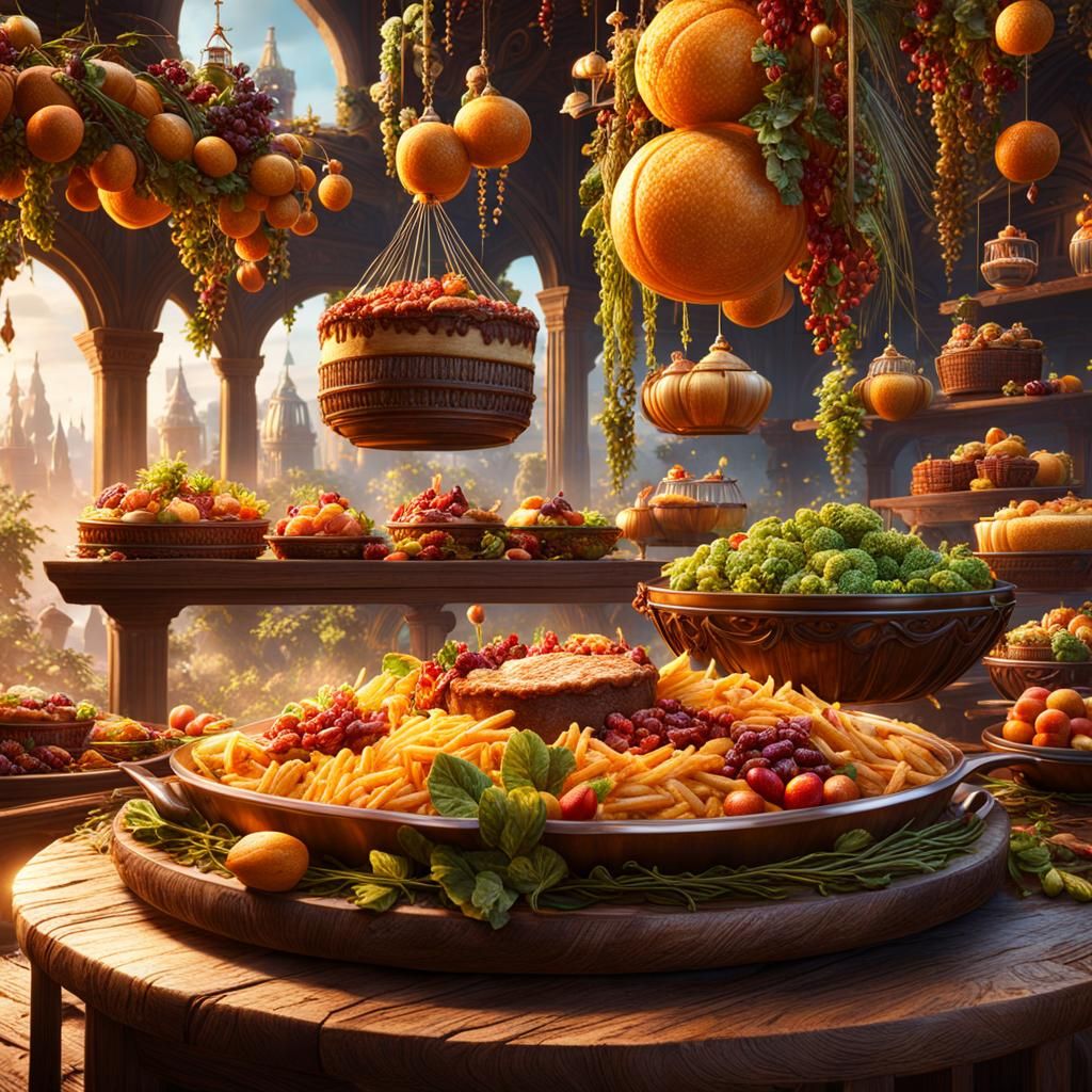 Detailed Matte Painting of Food in Deep Color