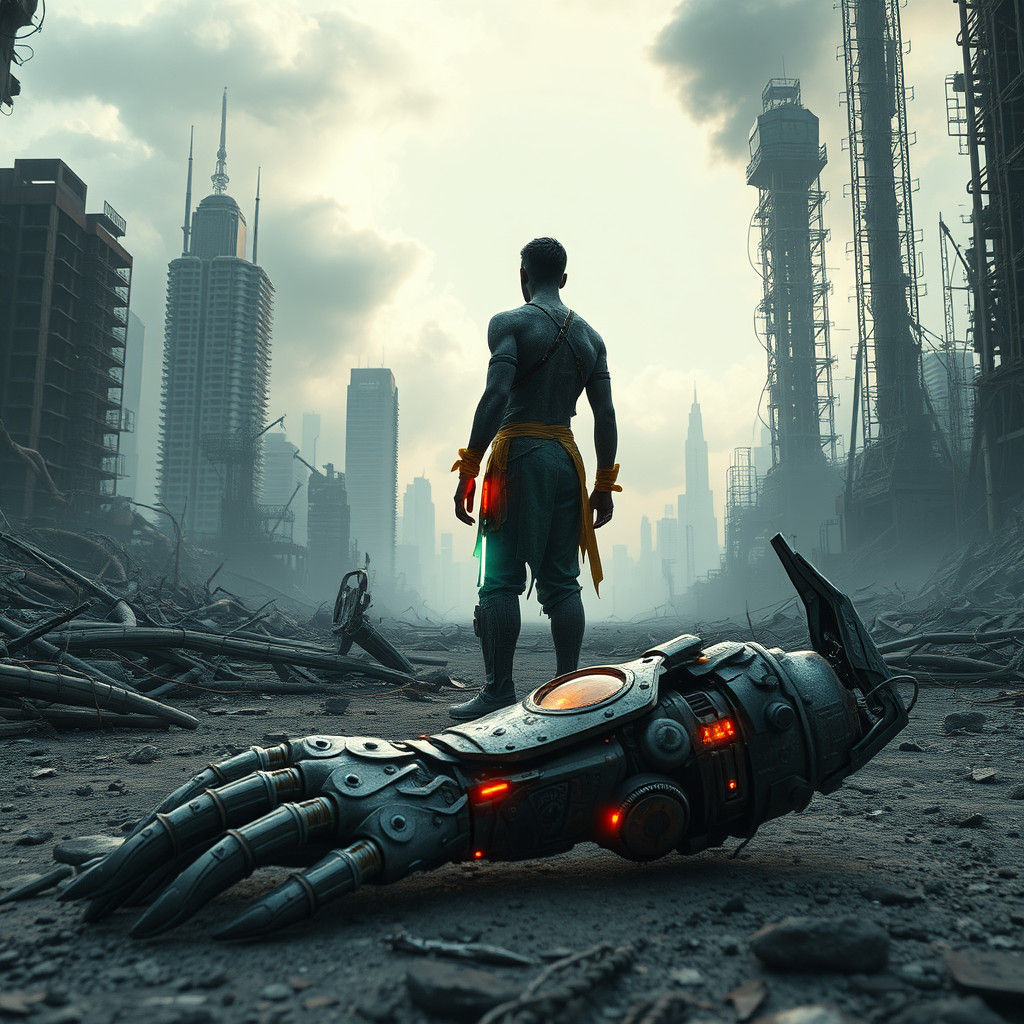 Dystopian Figure Contemplates Ruined Metropolis in Cyberpunk...