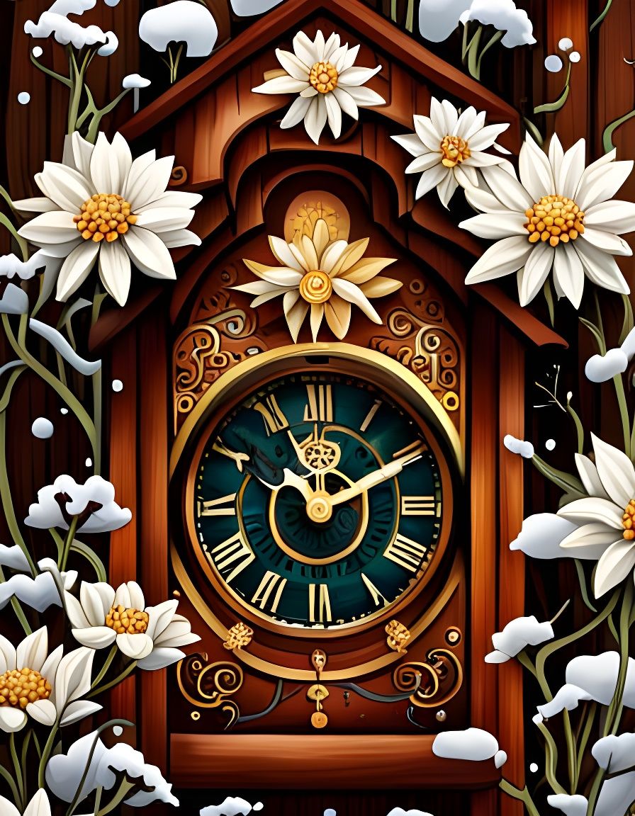 Steampunk Swiss Cuckoo Clock with Edelweiss, Digital Art