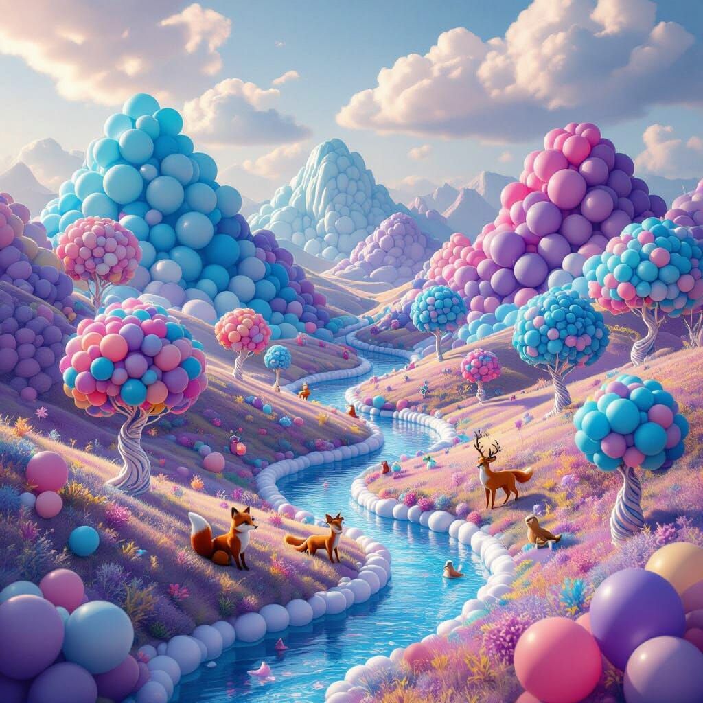 Surreal Balloon Landscape with Colorful Balloon Animals