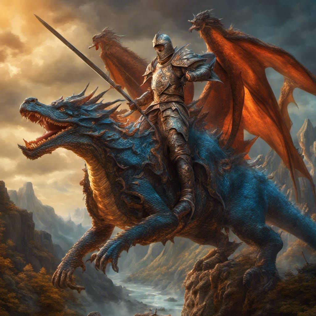 An epic knight riding a dragon