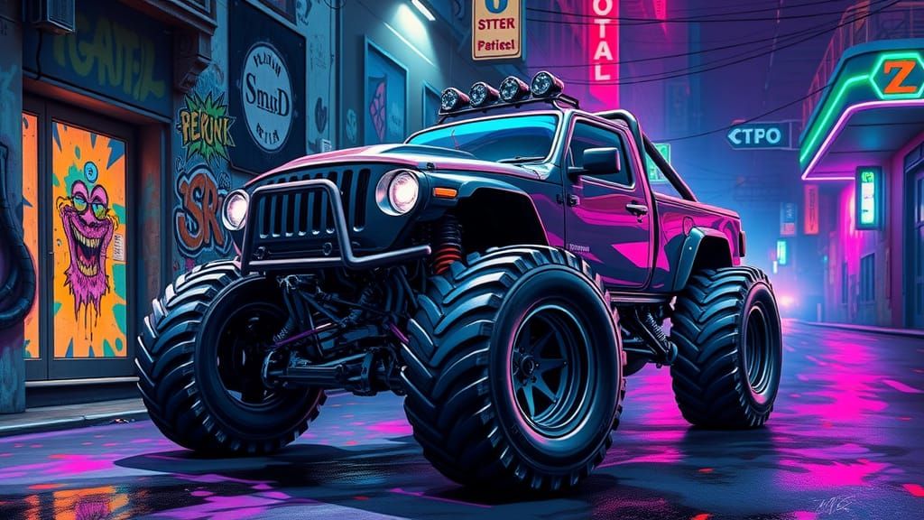 Synthwave Monster Truck in Neon Alleyway