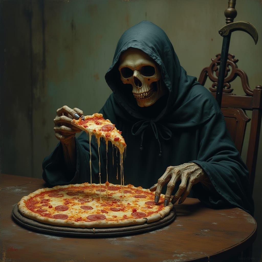 Grim Reaper Savoring Dark Pizza Feast