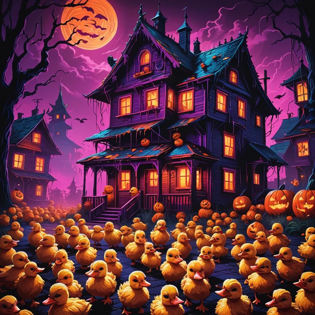Synthwave Haunted House with Ducklings in Neon