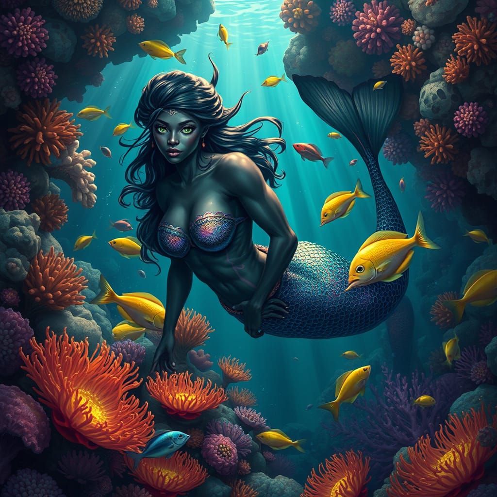 Vibrant Mermaid in Coral Reef, Detailed Digital Art