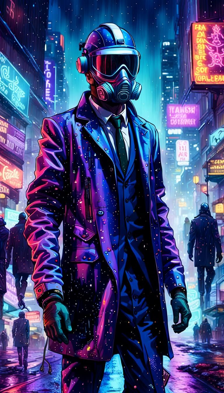 Surreal Cyberpunk Figure in Neon Cityscape