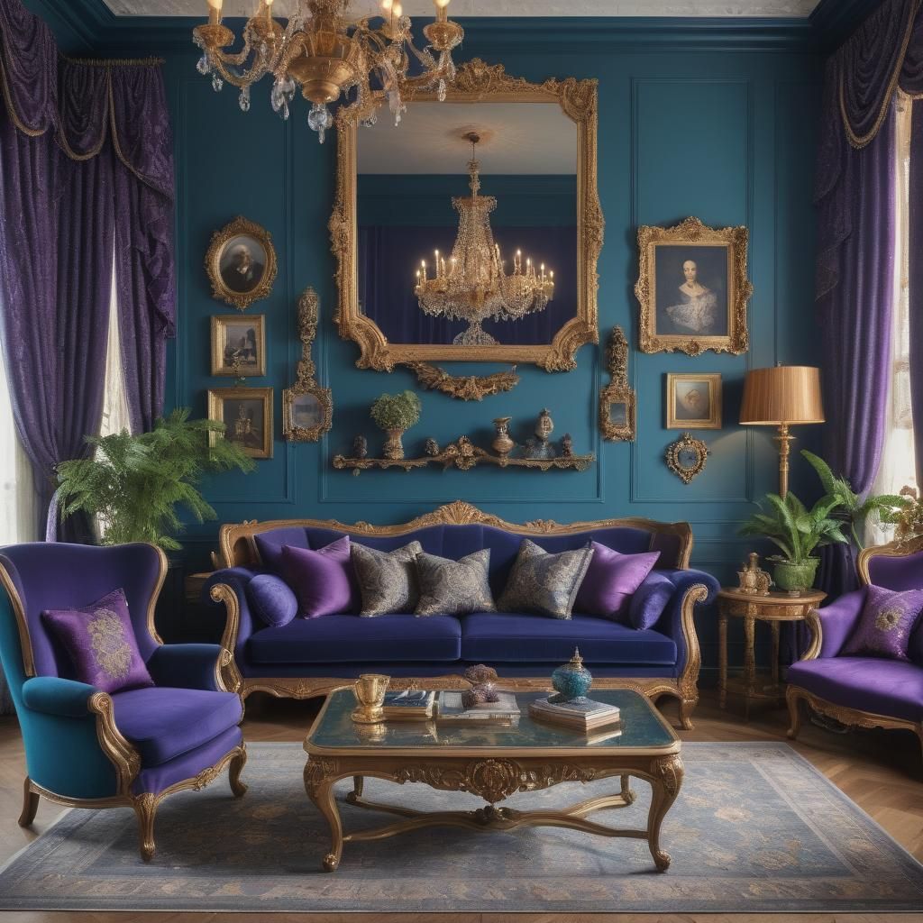 Create living room decor. Opulence. Teal walls, deep purple ...