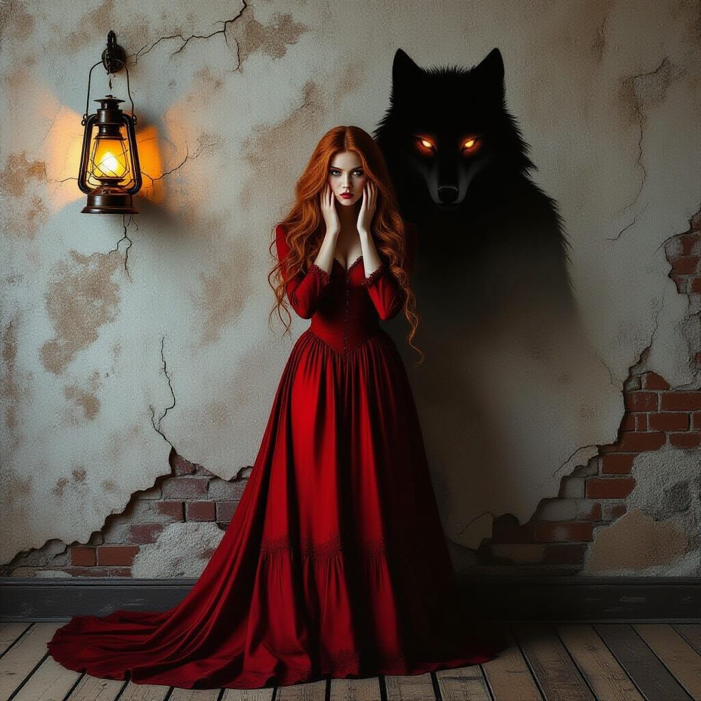 Gothic Woman with Wolf in Dimly Lit Room