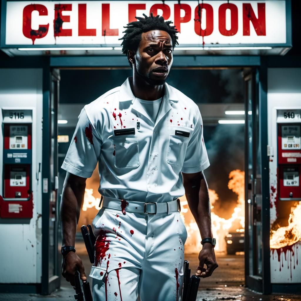 Terrified Man Hides at Gas Station, Cinematic Still