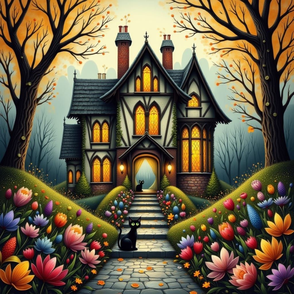 Black Cat in Enchanted Forest Watercolor Painting