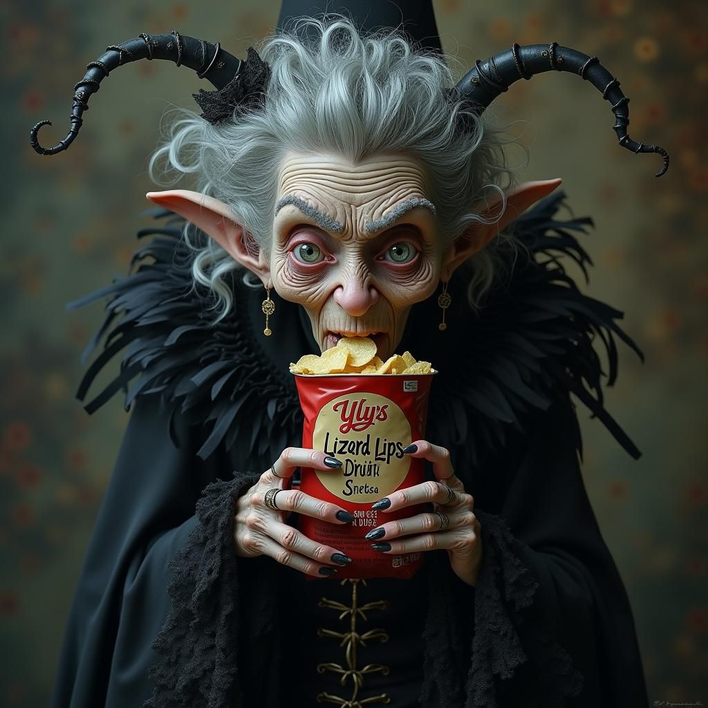 Mischievous Gothic Witch Cradling Snack