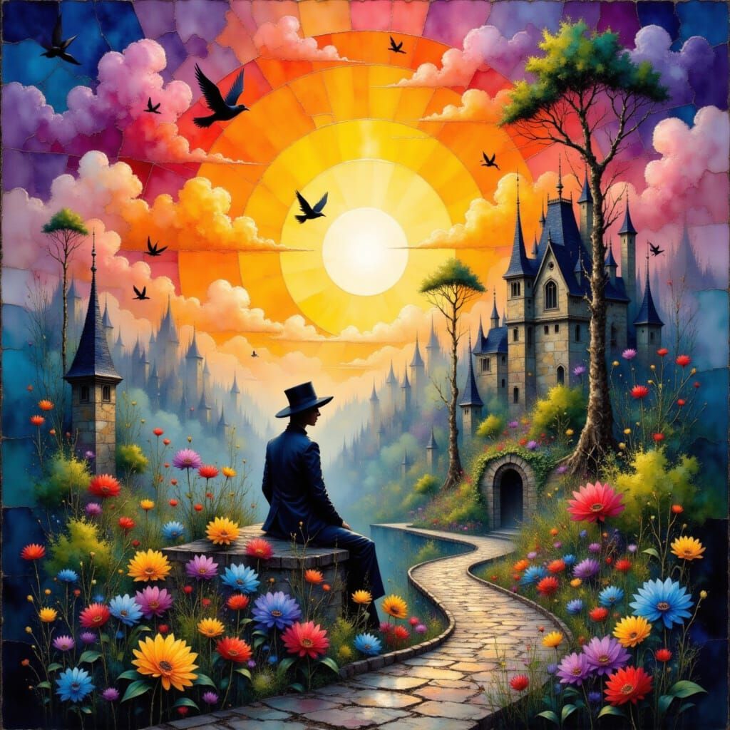 Rainbow Landscape in Folk Art Style