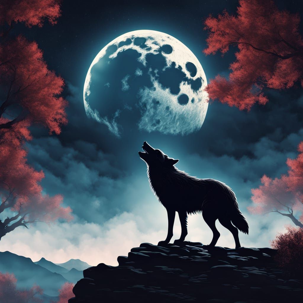 Moonlit Wolf Howling: Fantastical Silhouette Art