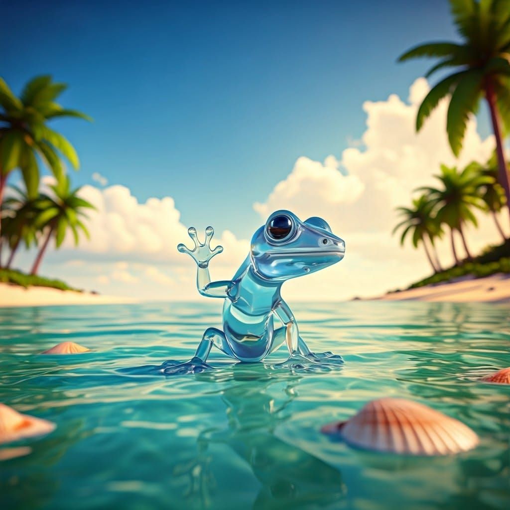 Glass Lizard Frolics on Beach in Pixar Style