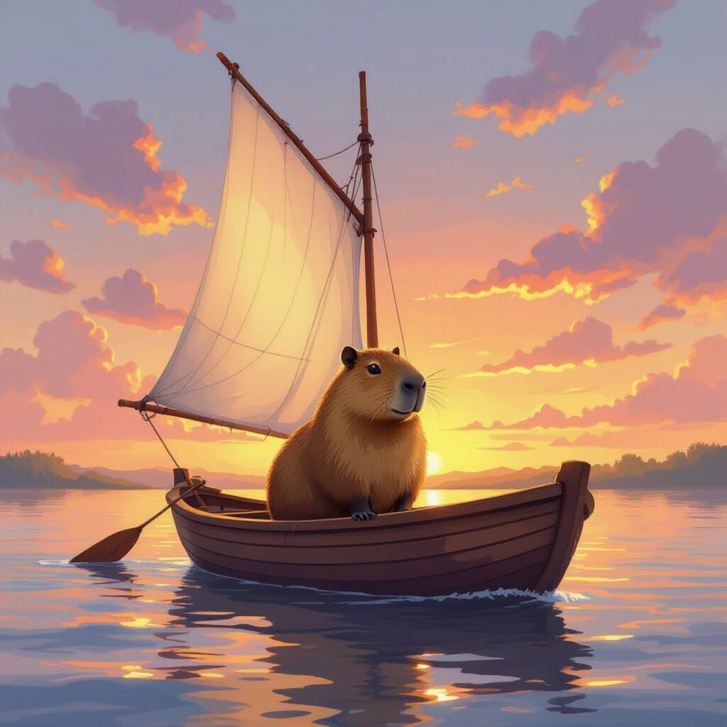 Capybara Sails at Sunset in Storybook Style