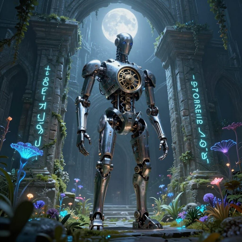 Ancient Automaton Guards Bioluminescent Elven City Entrance