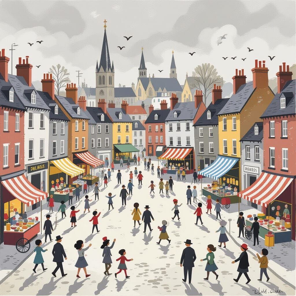Lively Village Fair in L. S. Lowry Style