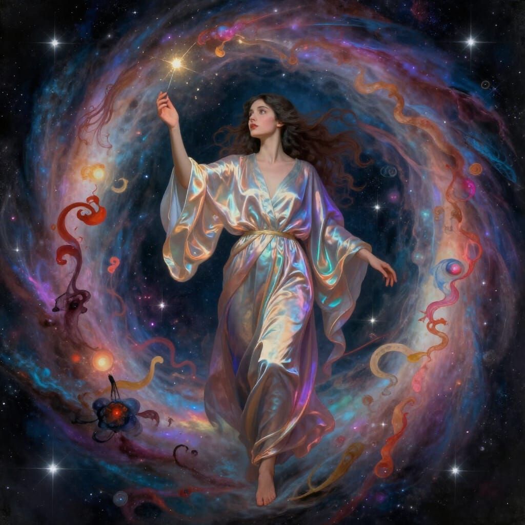 Ethereal Woman Unpacking Dreams in Cosmic Vortex