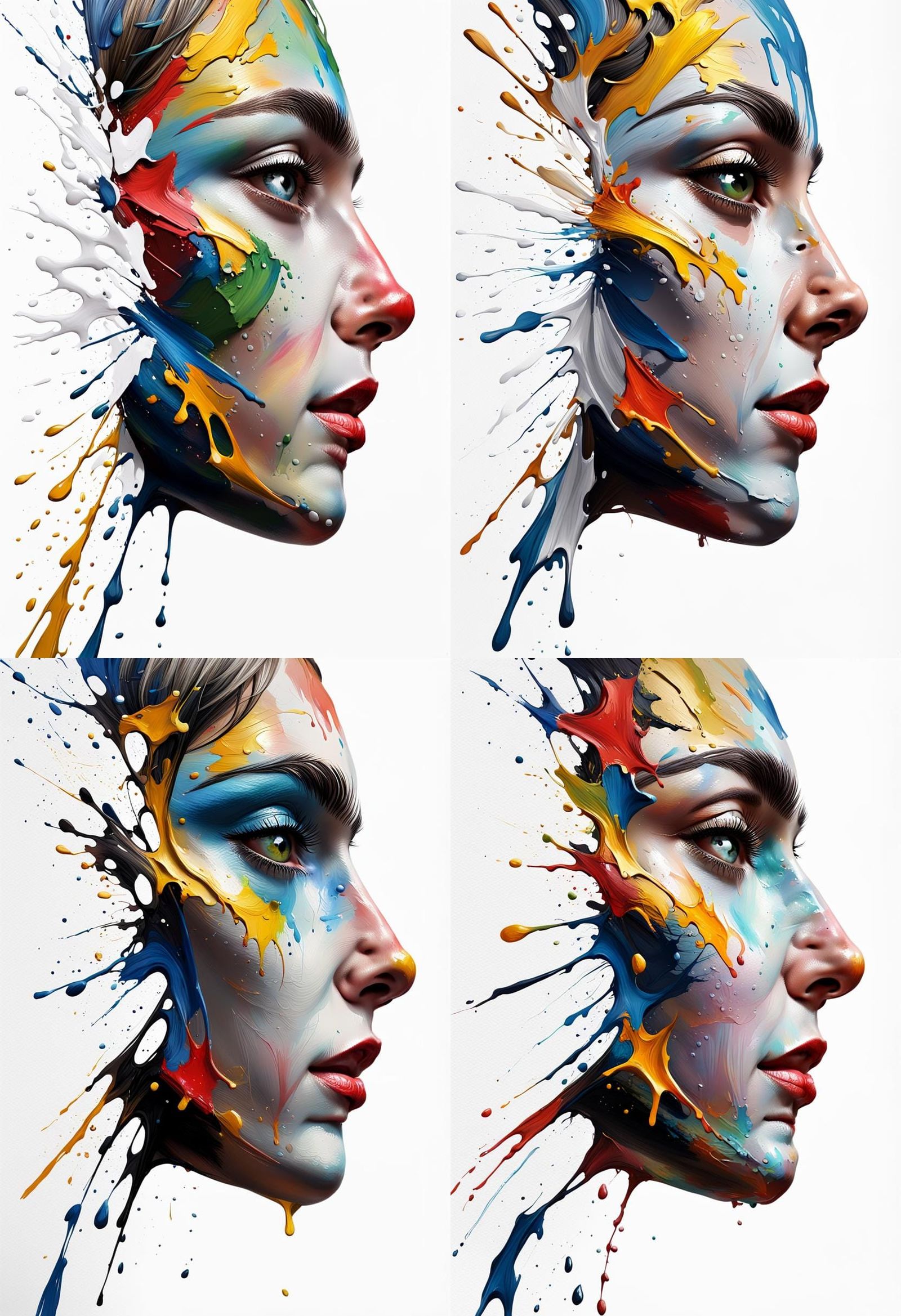 45 degree angle
A painted face profile, realistic oil painting style side view, with splash