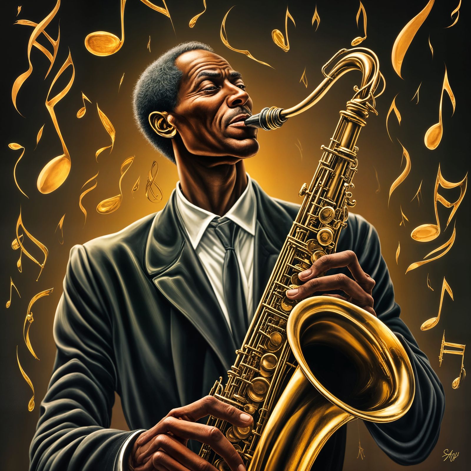 Saxophone Player Close-Up with Floating Musical Notes