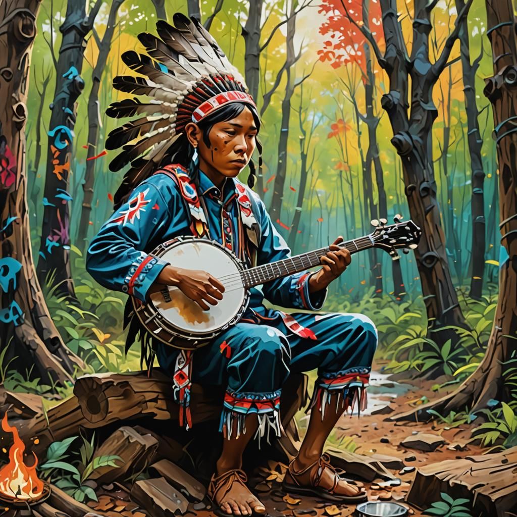 Native American Boy Playing Banjo: Graffiti Art