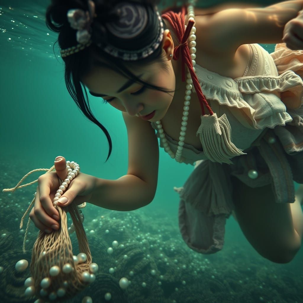 Traditional Japanese Pearl Diver in Hyper Realistic Close-Up