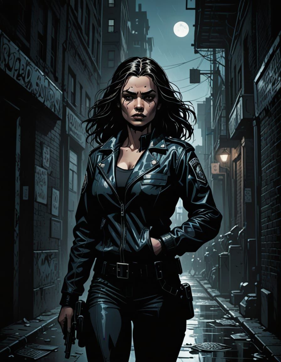 Grim Dark Female Police Officer in Noir Comic Book Style