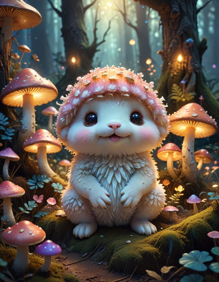 Cute Kawaii Creature in Enchanted Forest: Digital Art