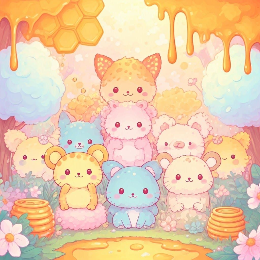 Kawaii Animals in Whimsical Forest, Dreamy Pop Art